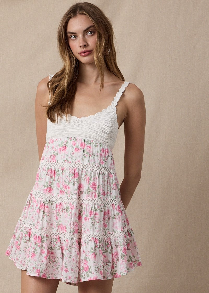 Sabrina Pink Vines Crochet Mini Dress