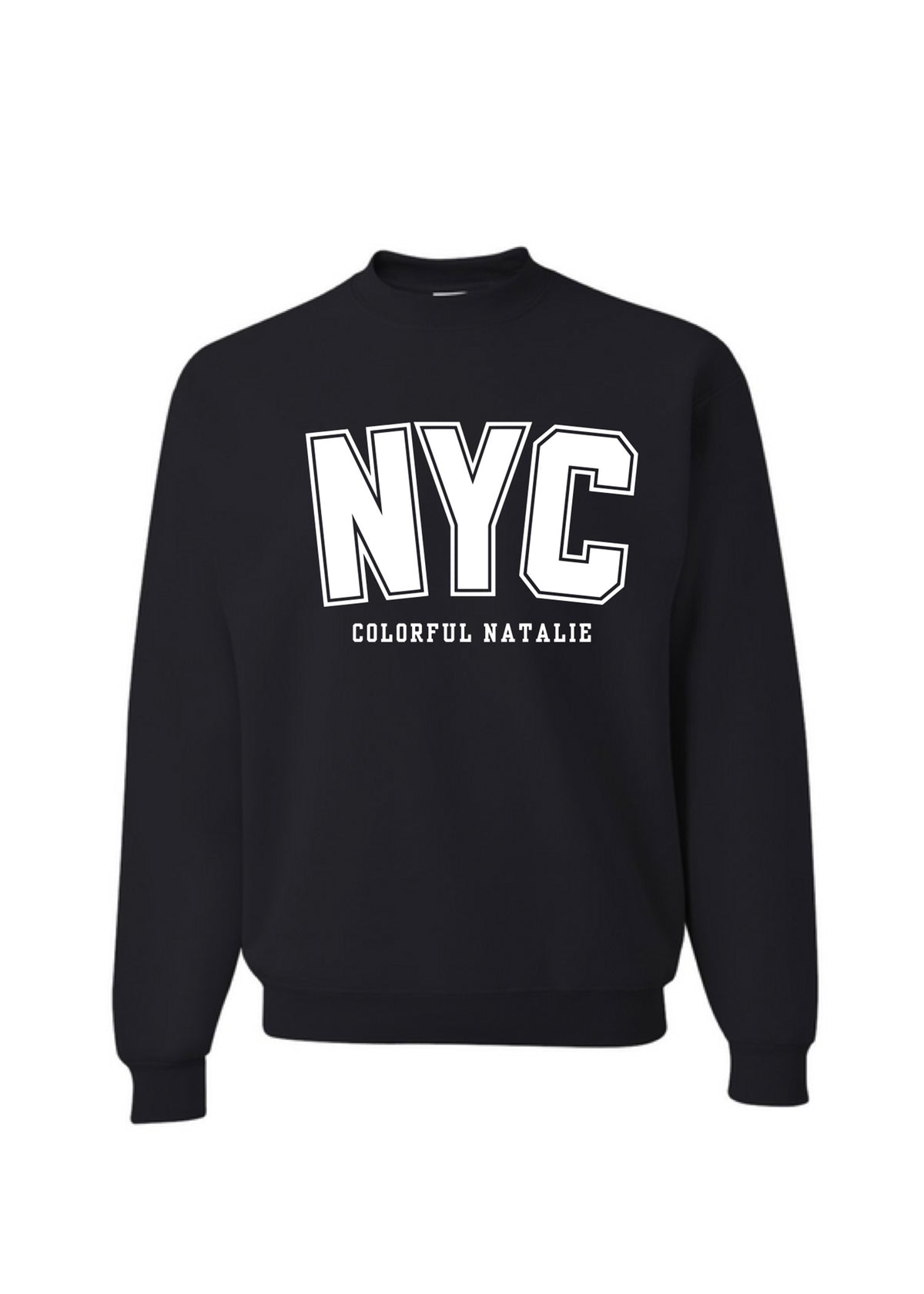 NYC White Puff Print Black Crewneck