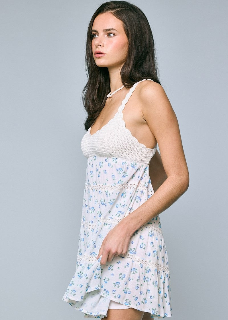 Sabrina Blue Floral Crochet Mini Dress