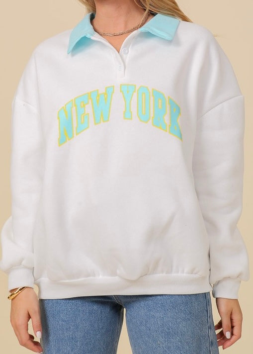 New York White Polo Collar Pullover