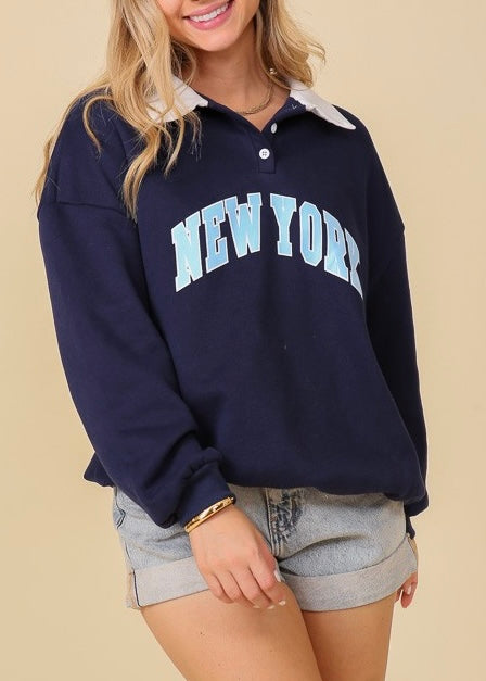 New York Navy Polo Collar Pullover