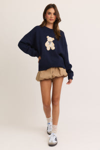 Teddy Bear Bow Navy Sweater