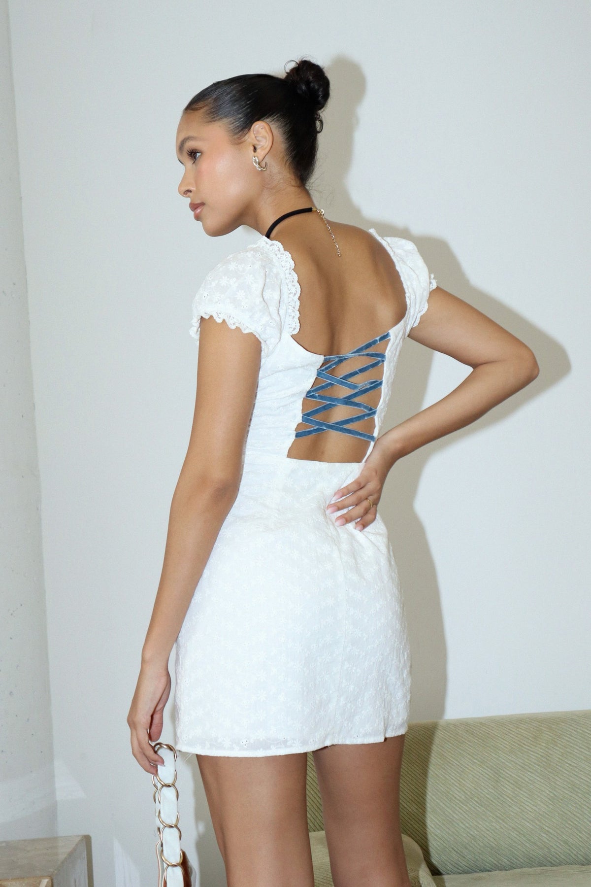 Melania Eyelet Velvet Lace-Up Mini Dress