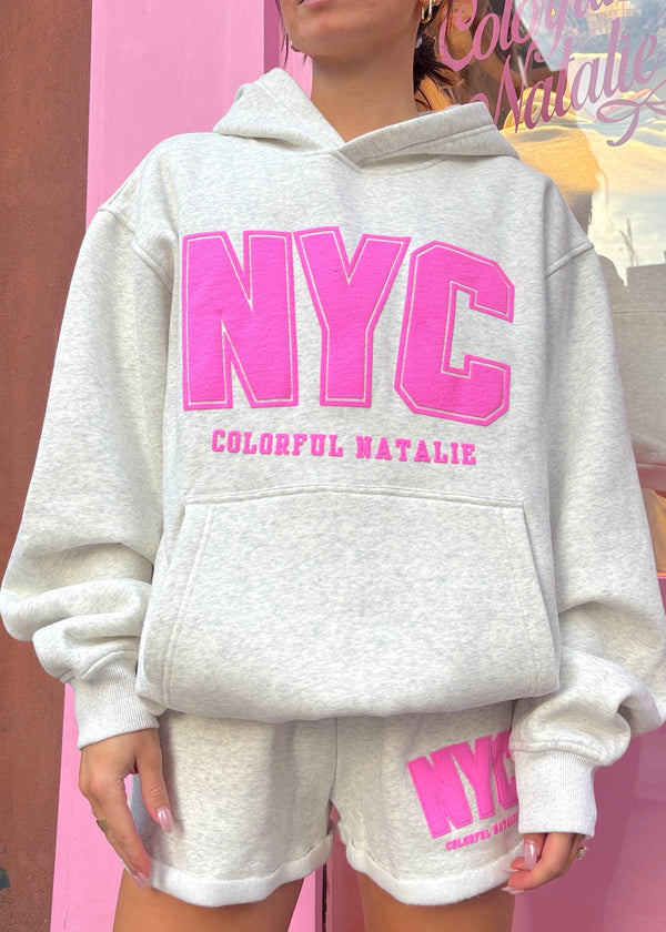NYC Heather White Pink Puff Print Hoodie