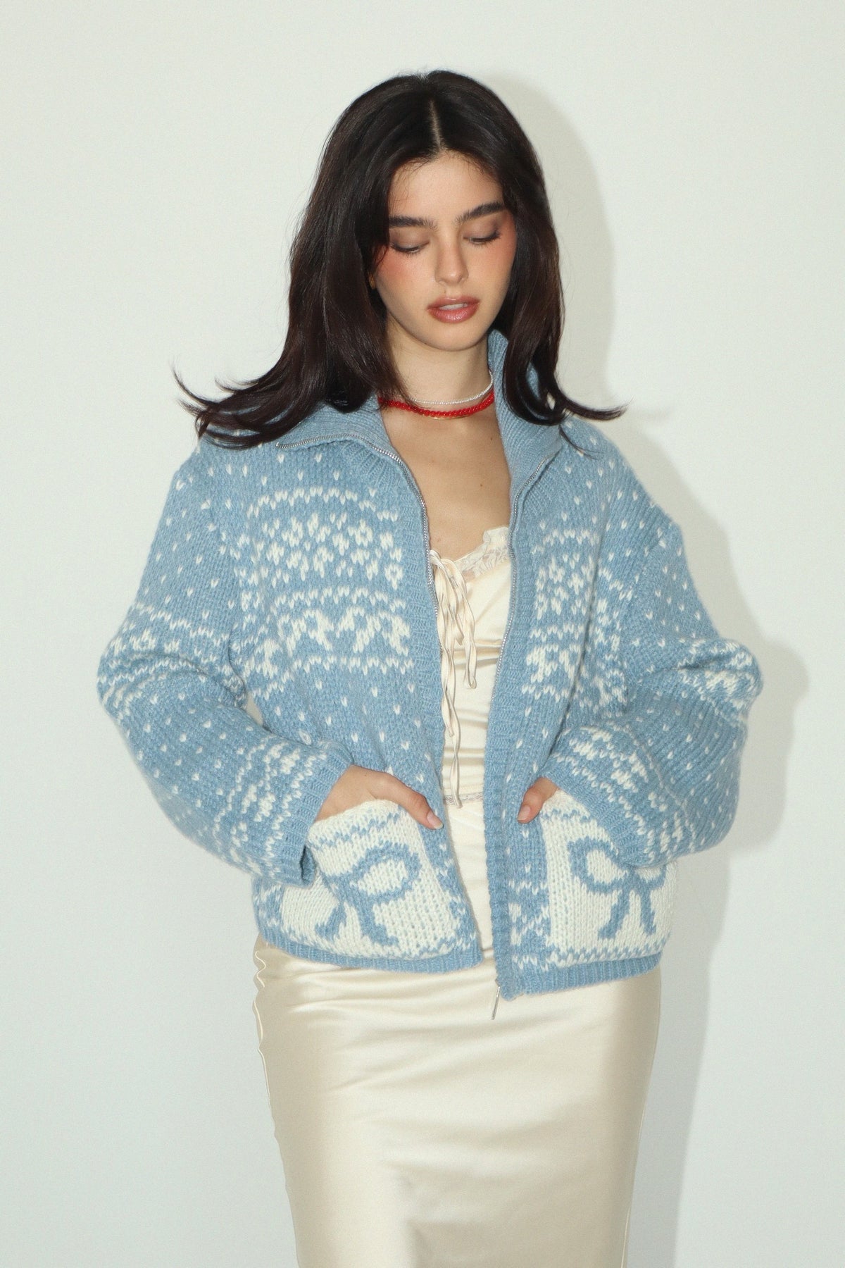 Helena Blue Ribbon Embroidered Sweater