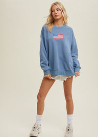 Blue Oversized Flag Pullover Sweatshirt