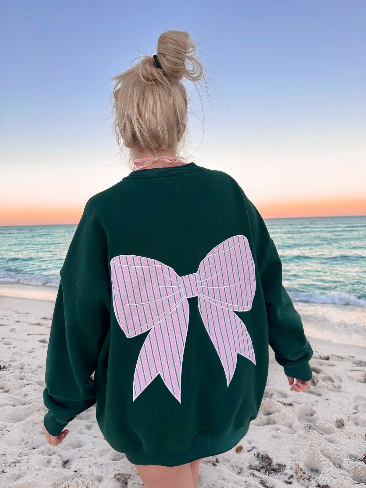 Holiday Stripes Bow Embroidered Crewneck