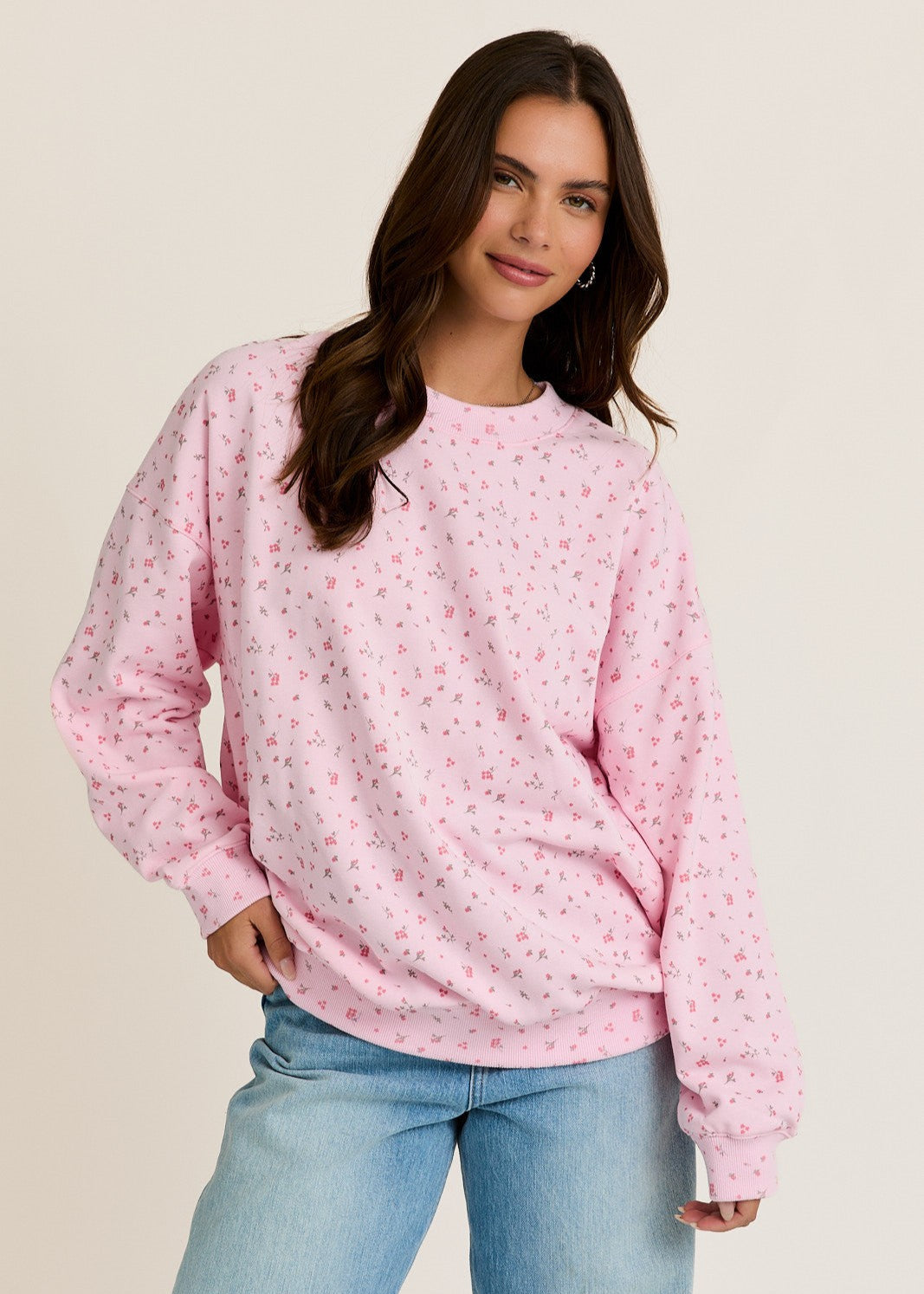 Pink Ditsy Floral Printed Sweatshirt