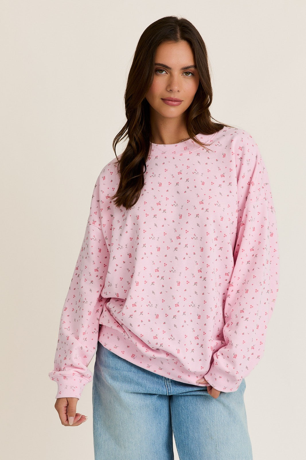 Pink Ditsy Floral Printed Sweatshirt