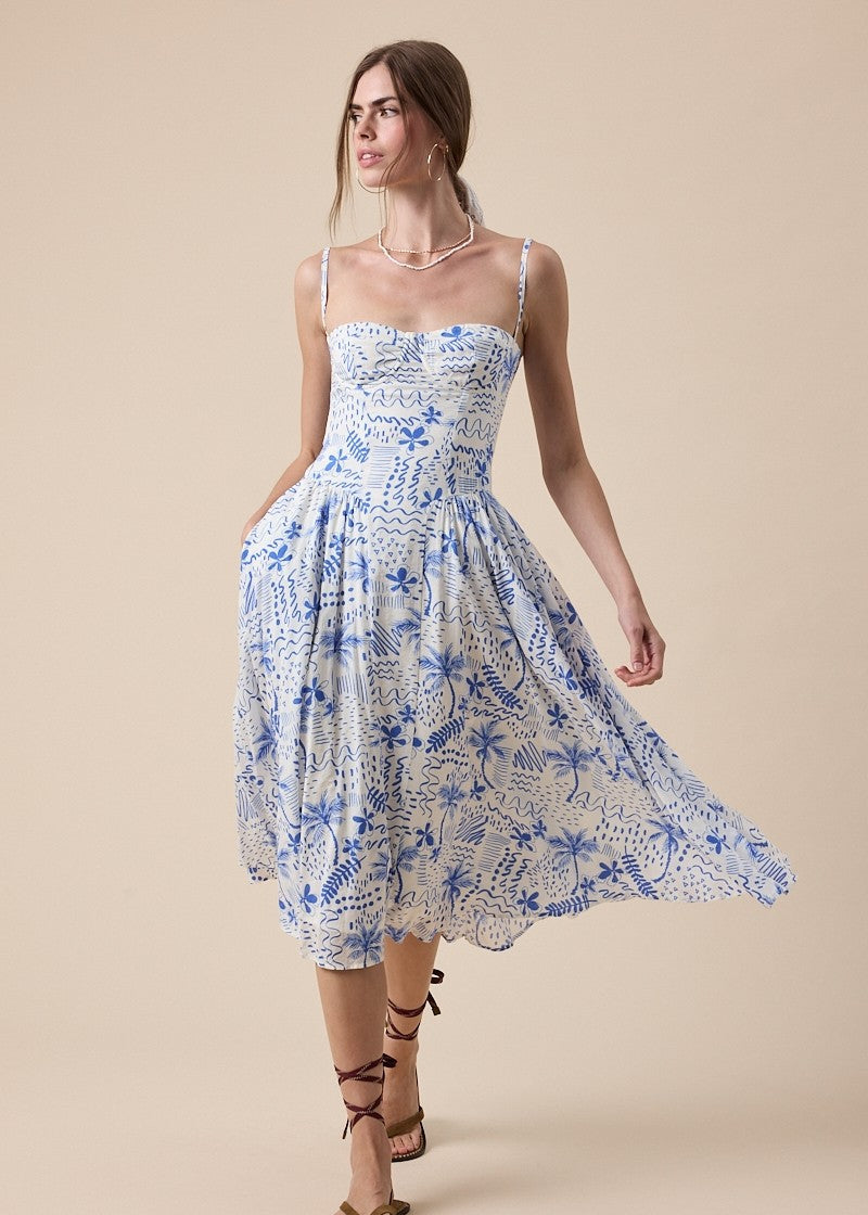 Odette Blue Palms Midi Dress