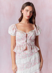 Penelope Pink Lace Trim Puff Sleeve Top