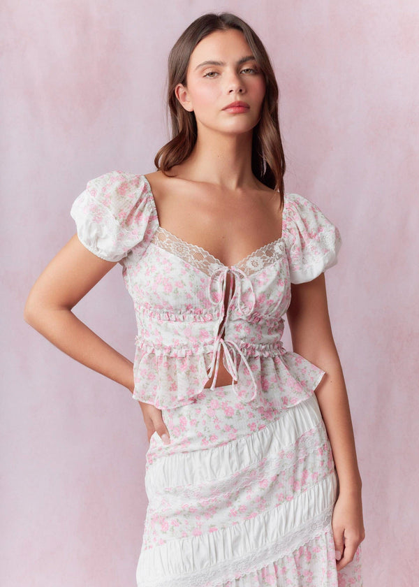 Penelope Pink Lace Trim Puff Sleeve Top