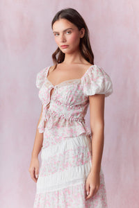 Penelope Pink Lace Trim Puff Sleeve Top