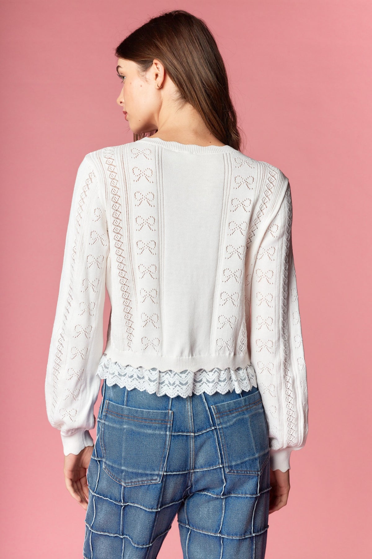 White Bow Pointelle Knit Cardigan