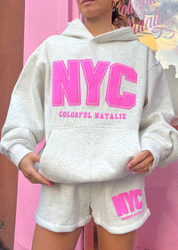 NYC Heather White Pink Puff Print Hoodie
