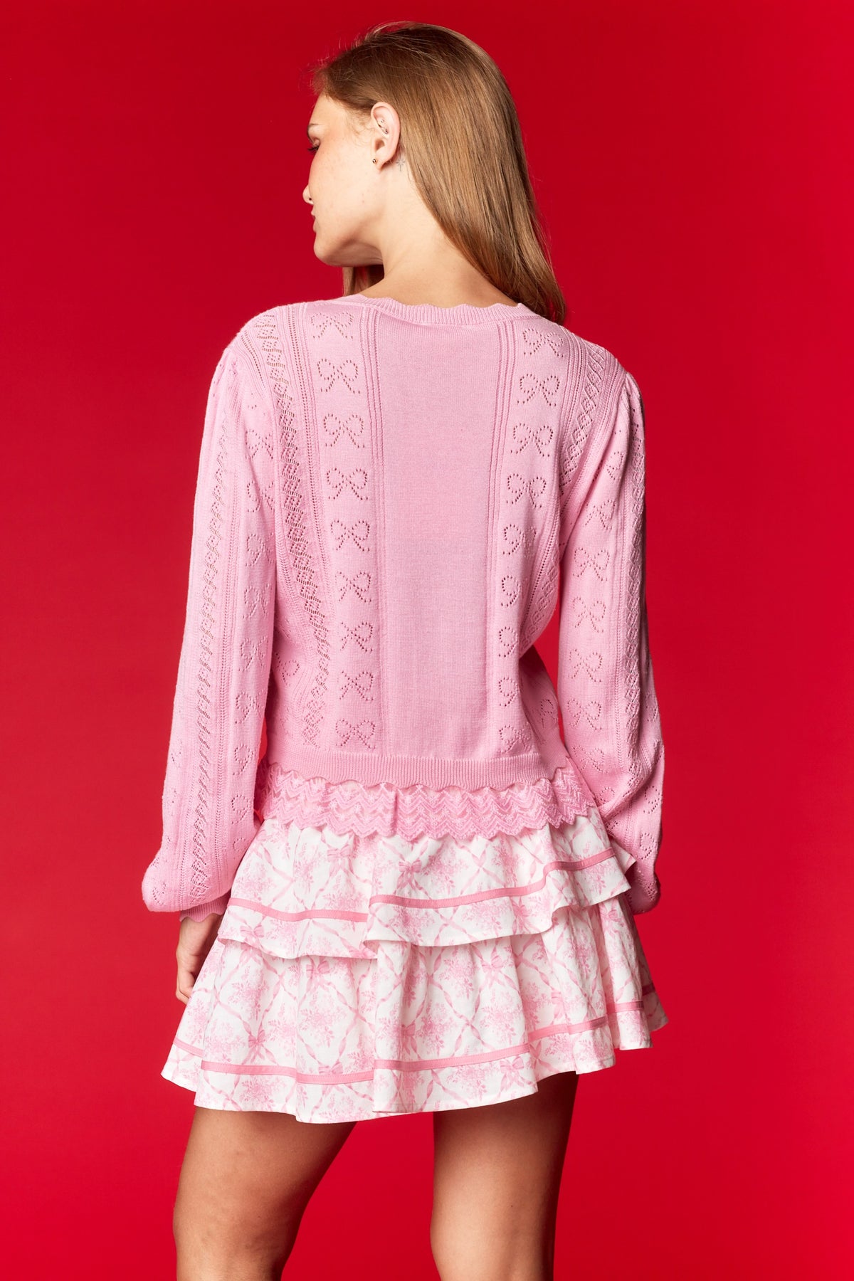 Pink Bow Pointelle Knit Cardigan