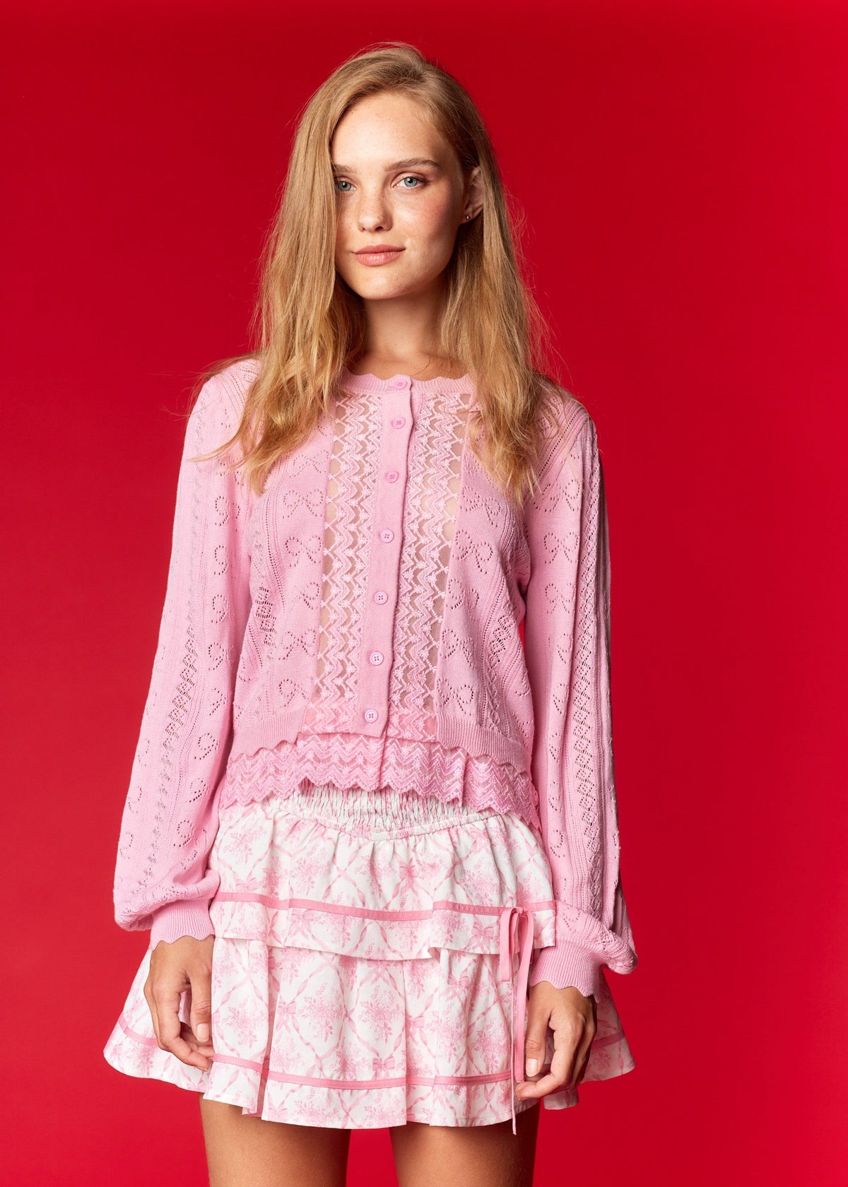 Pink Bow Pointelle Knit Cardigan