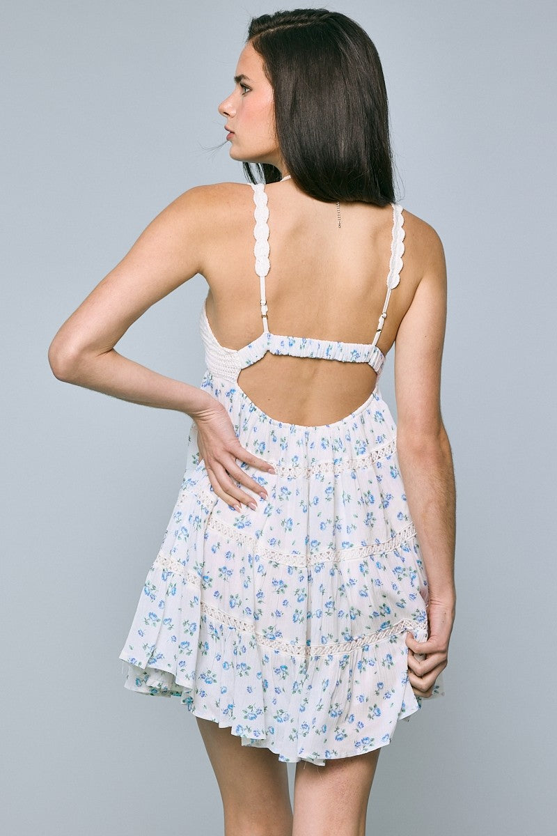 Sabrina Blue Floral Crochet Mini Dress