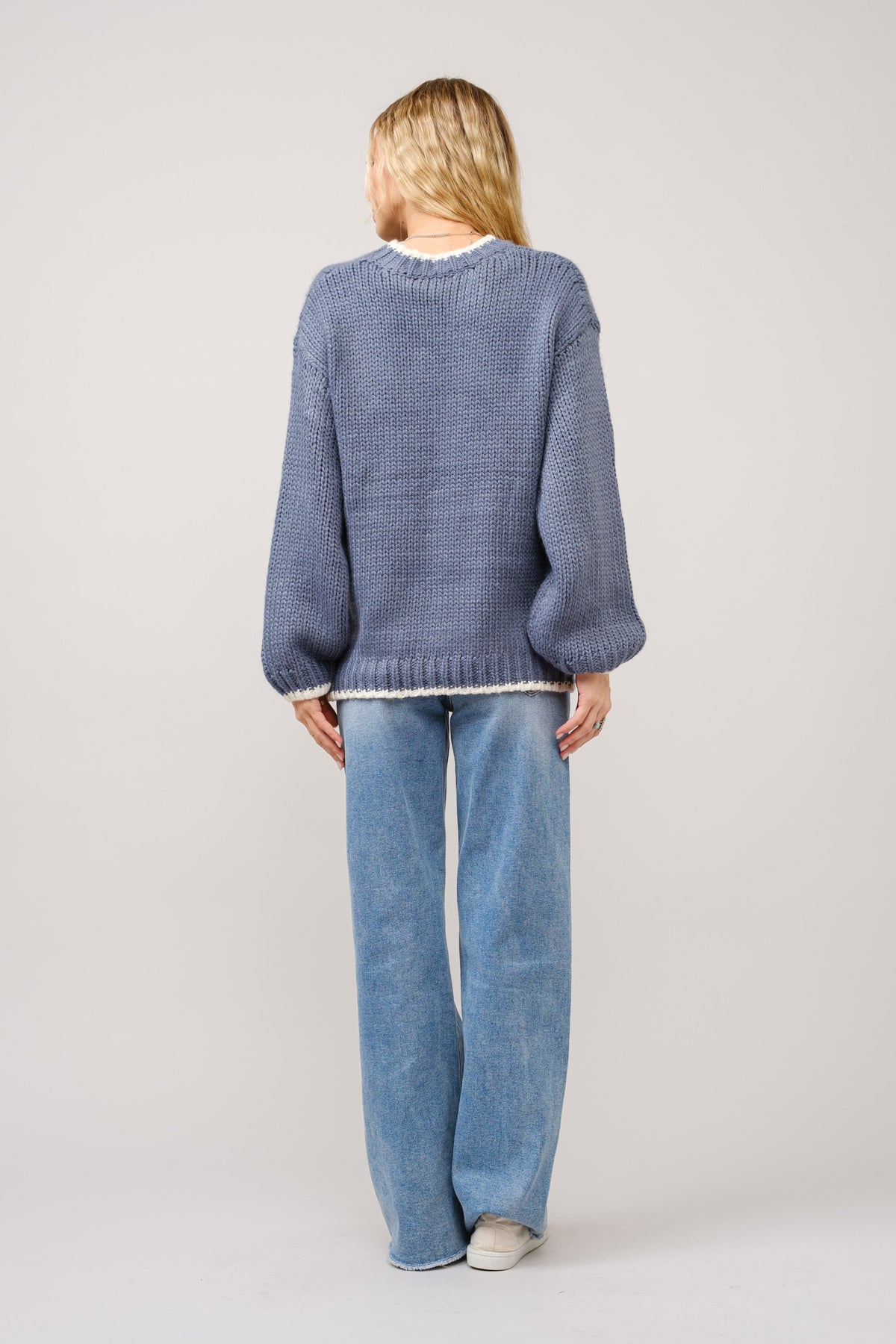 Bow Heart Embroidered Blue Sweater