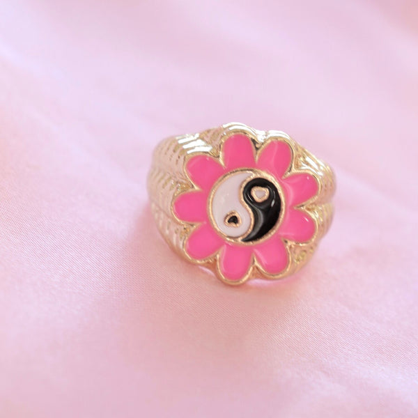 Pink Flower Yin Yang Ring