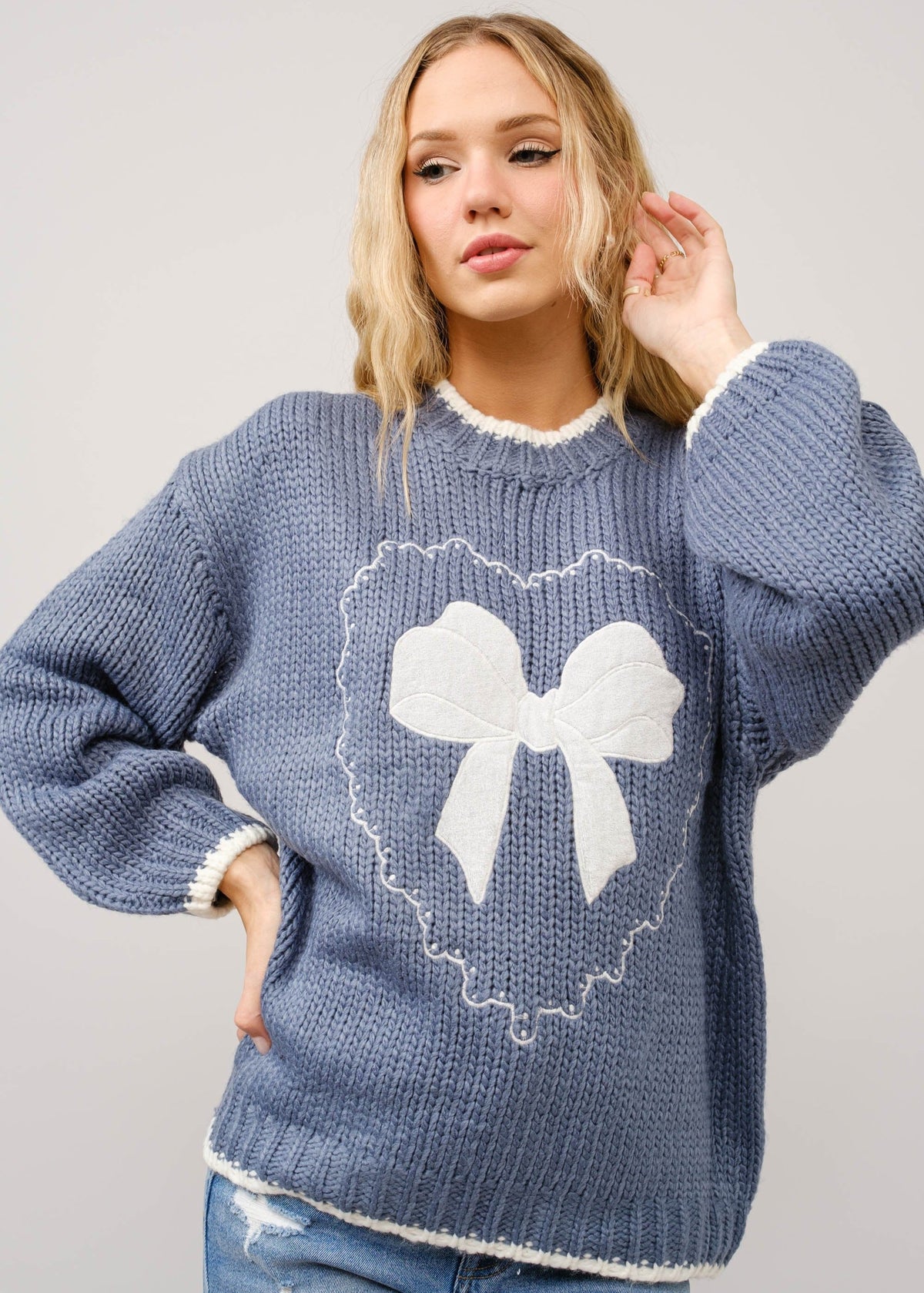 Bow Heart Embroidered Blue Sweater