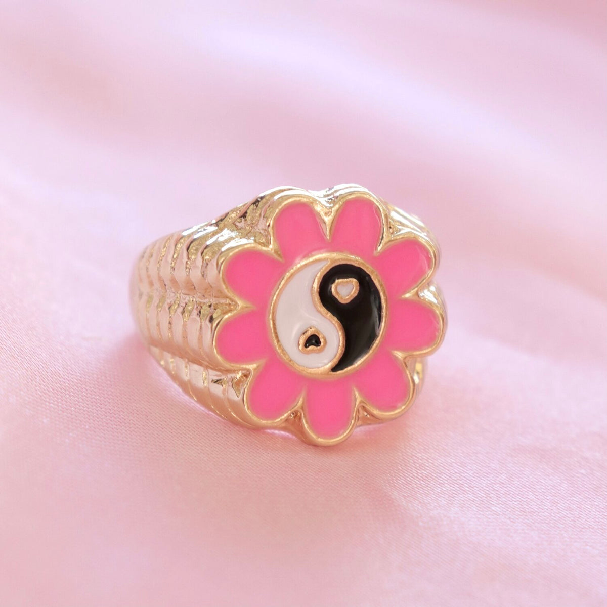 Pink Flower Yin Yang Ring