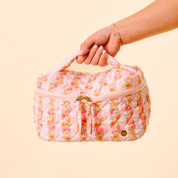 Pink Floral Quilted Makeup Pouch
