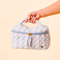 Blue Floral Quilted Makeup Pouch