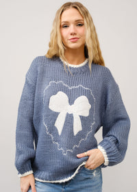 Bow Heart Embroidered Blue Sweater