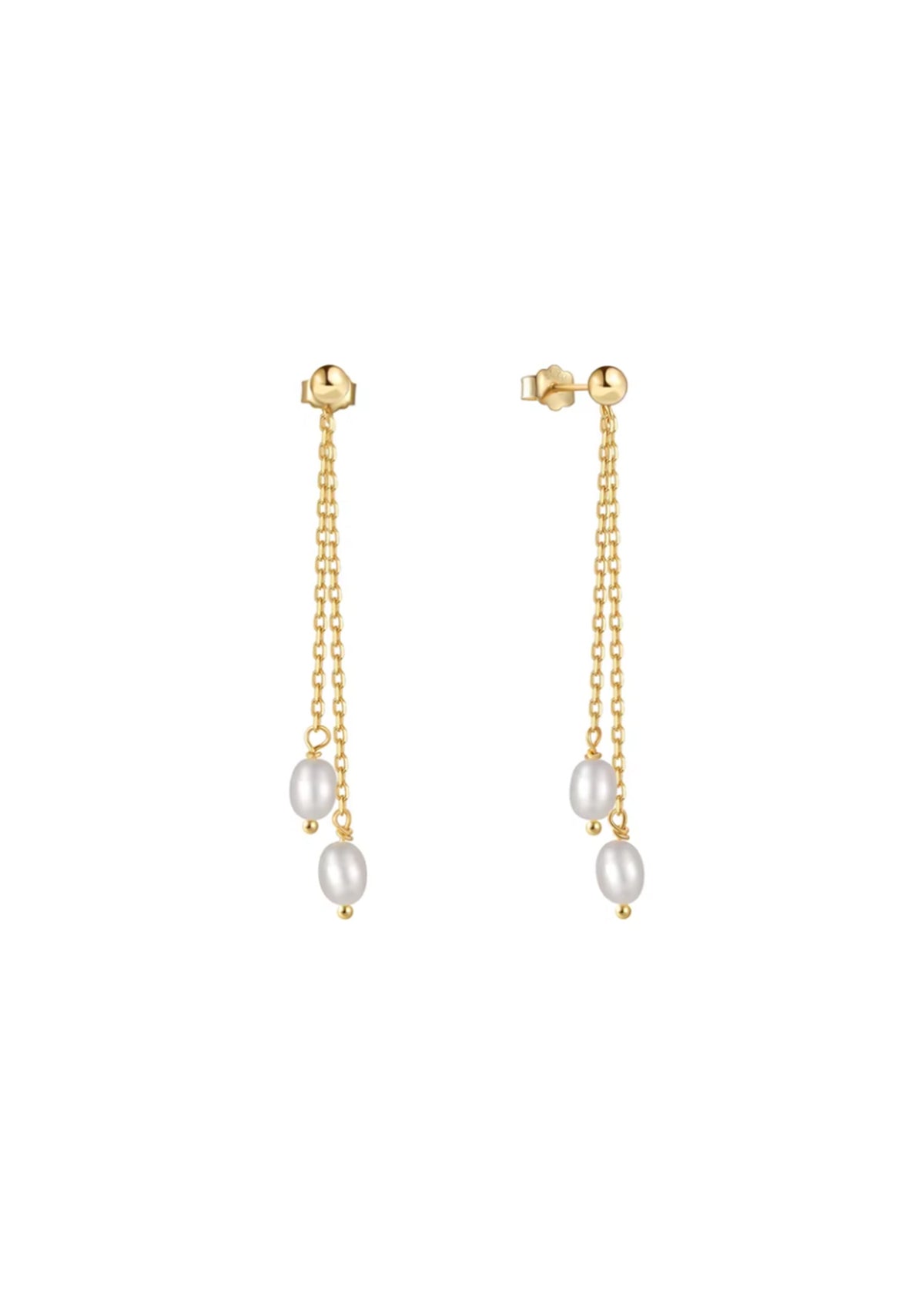 18k Gold Hanging Chain Pearl Studs