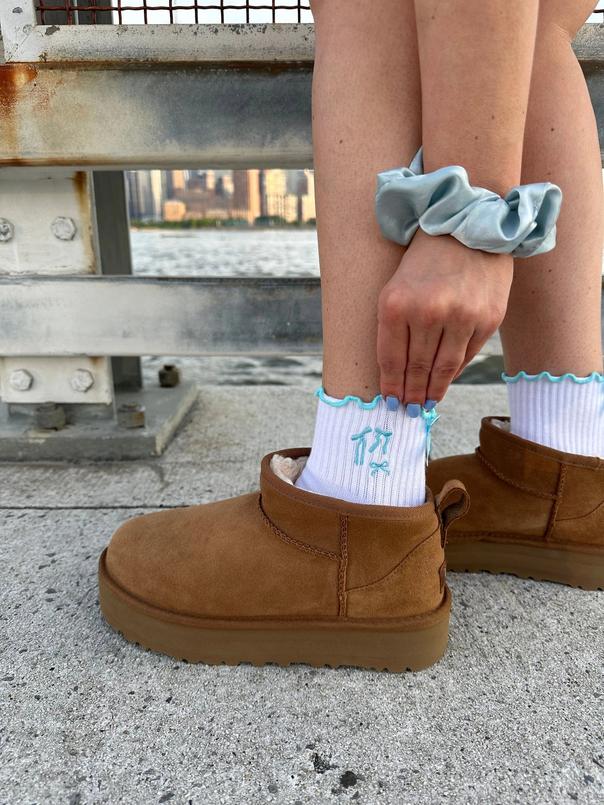 Blue Bow Frill Grip Socks