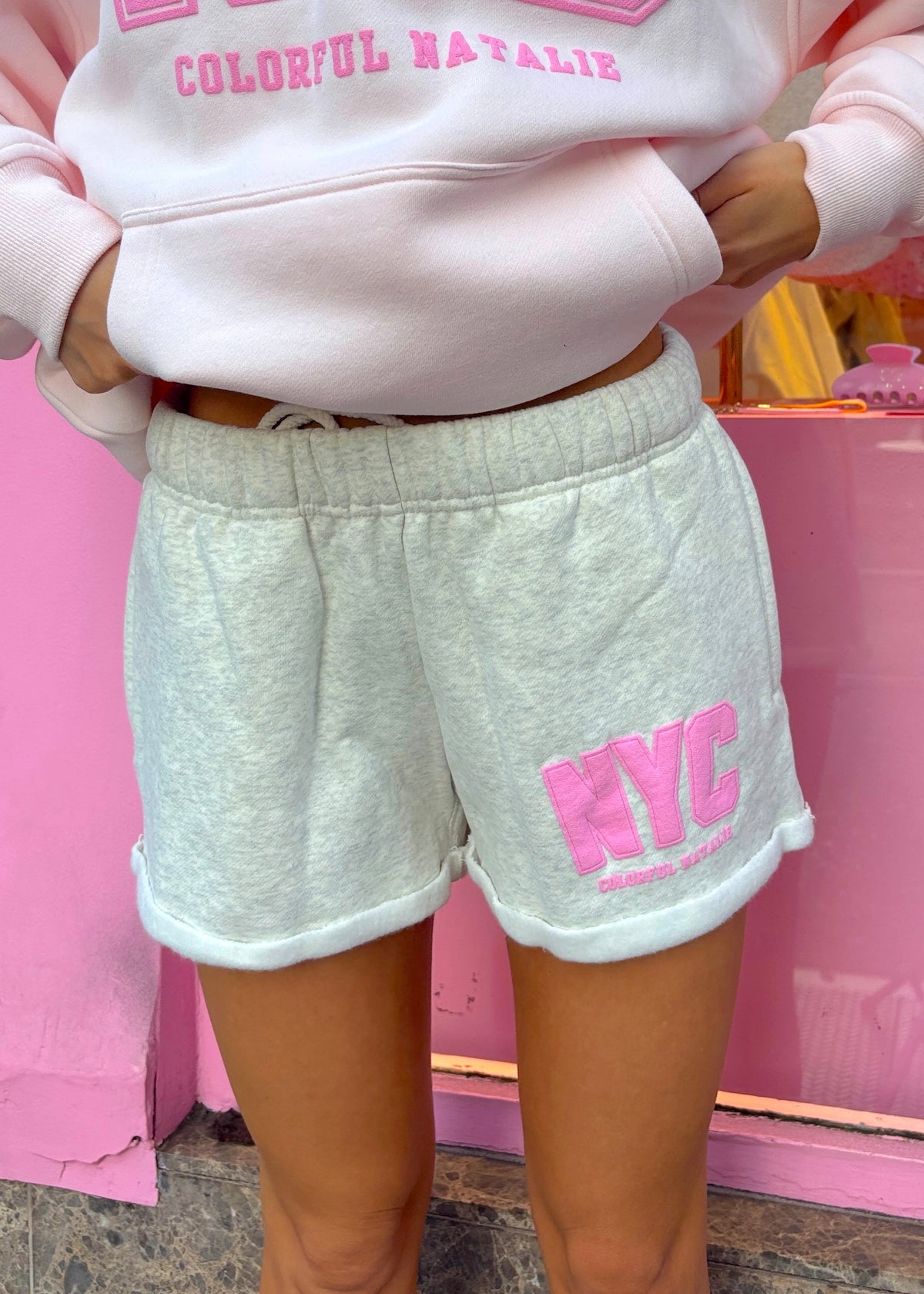NYC Heather White Pink Sweat Shorts