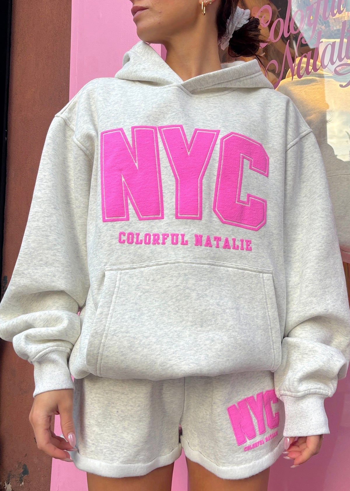 NYC Heather White Pink Puff Print Hoodie