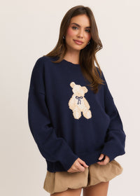 Teddy Bear Bow Navy Sweater