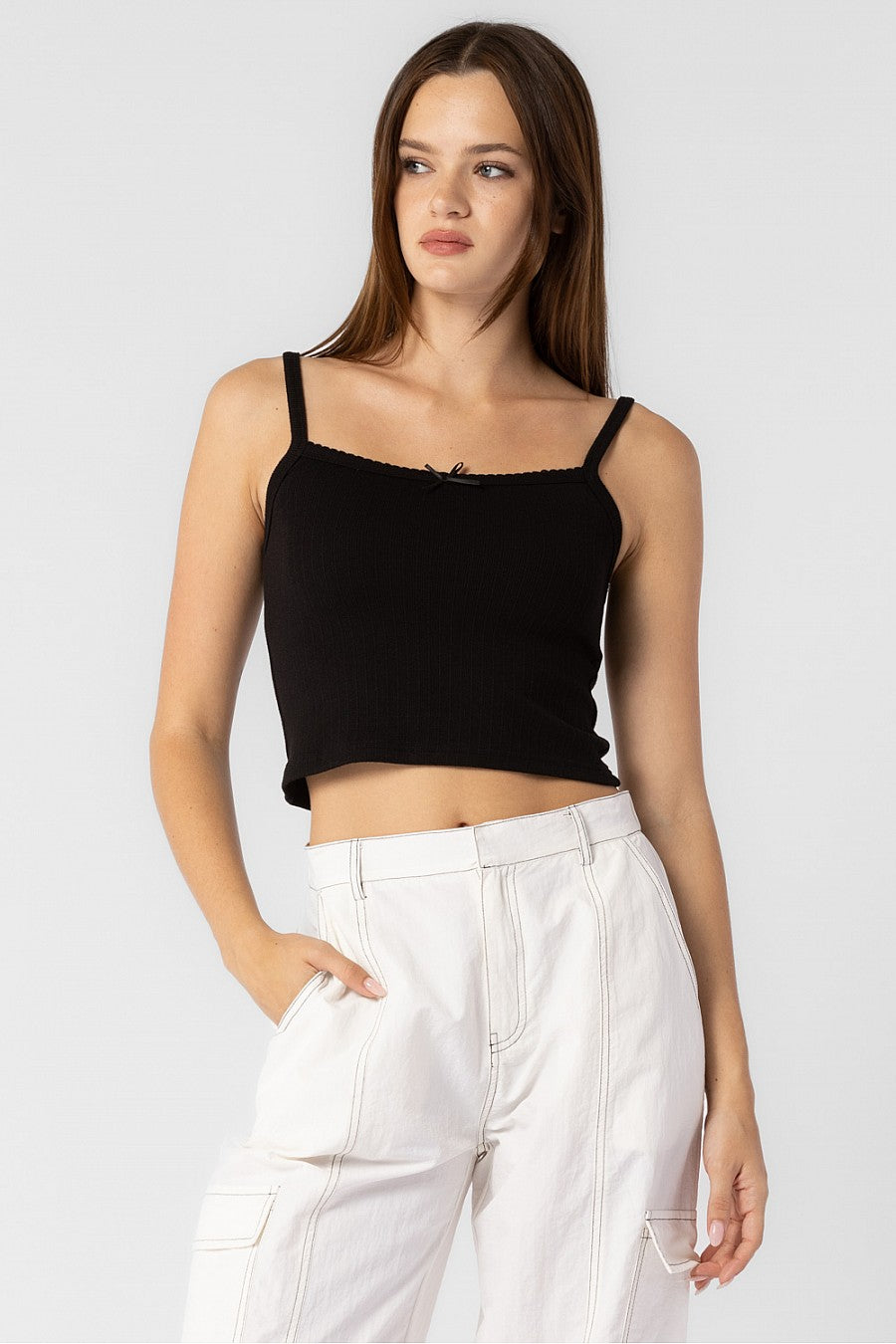 Meadow Black Ribbed Bow Cami Top