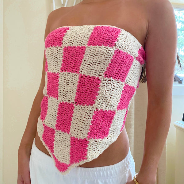 Maria Pink Checkered Crochet Knit