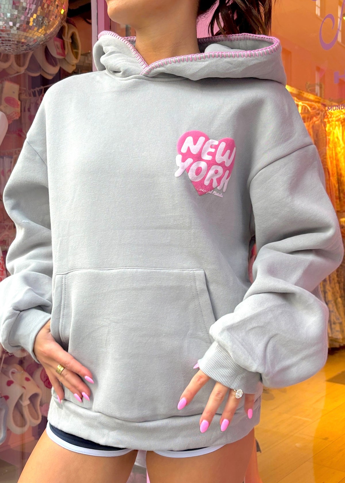 Preorder: New York Heart Charcoal Stitched Puff Hoodie