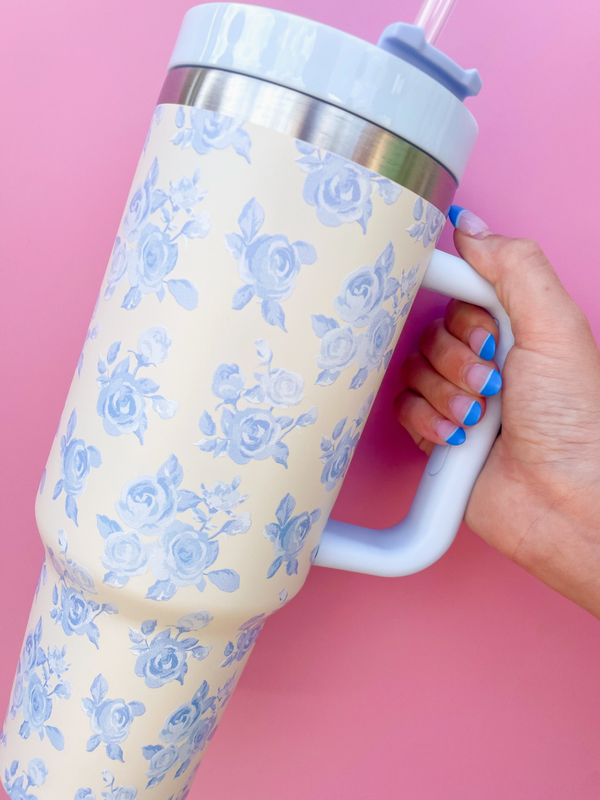 Cream and Blue Floral Tumbler