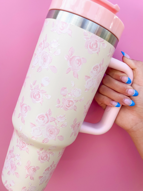 Cream and Pink Floral Tumbler