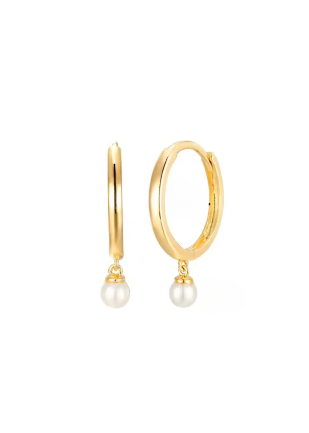 18k Gold Pearl Mini Drop Huggies