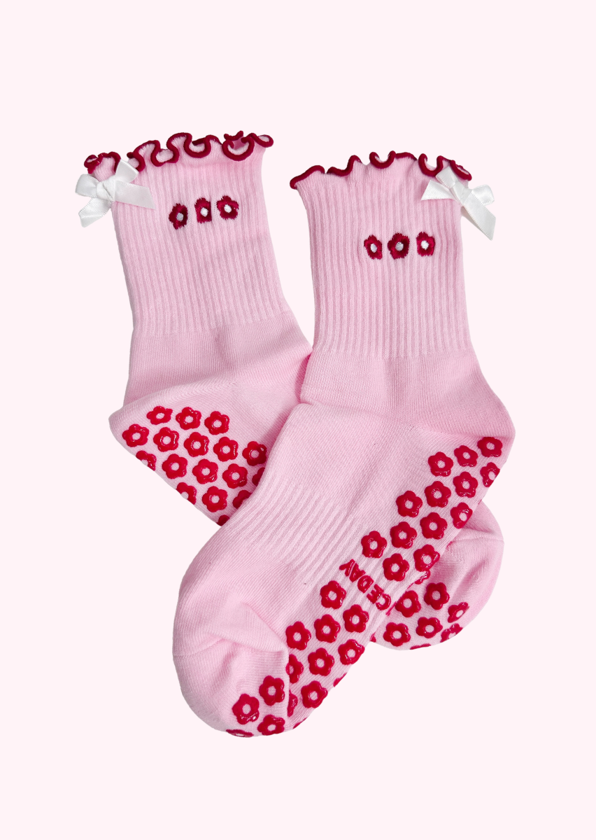 Red Floral Grip Socks
