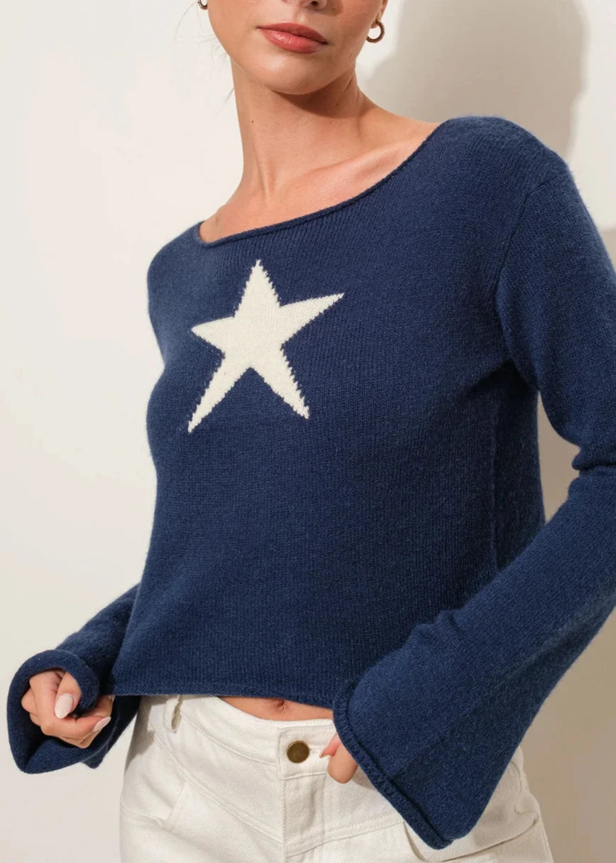 Navy Star Bell Sleeve Sweater