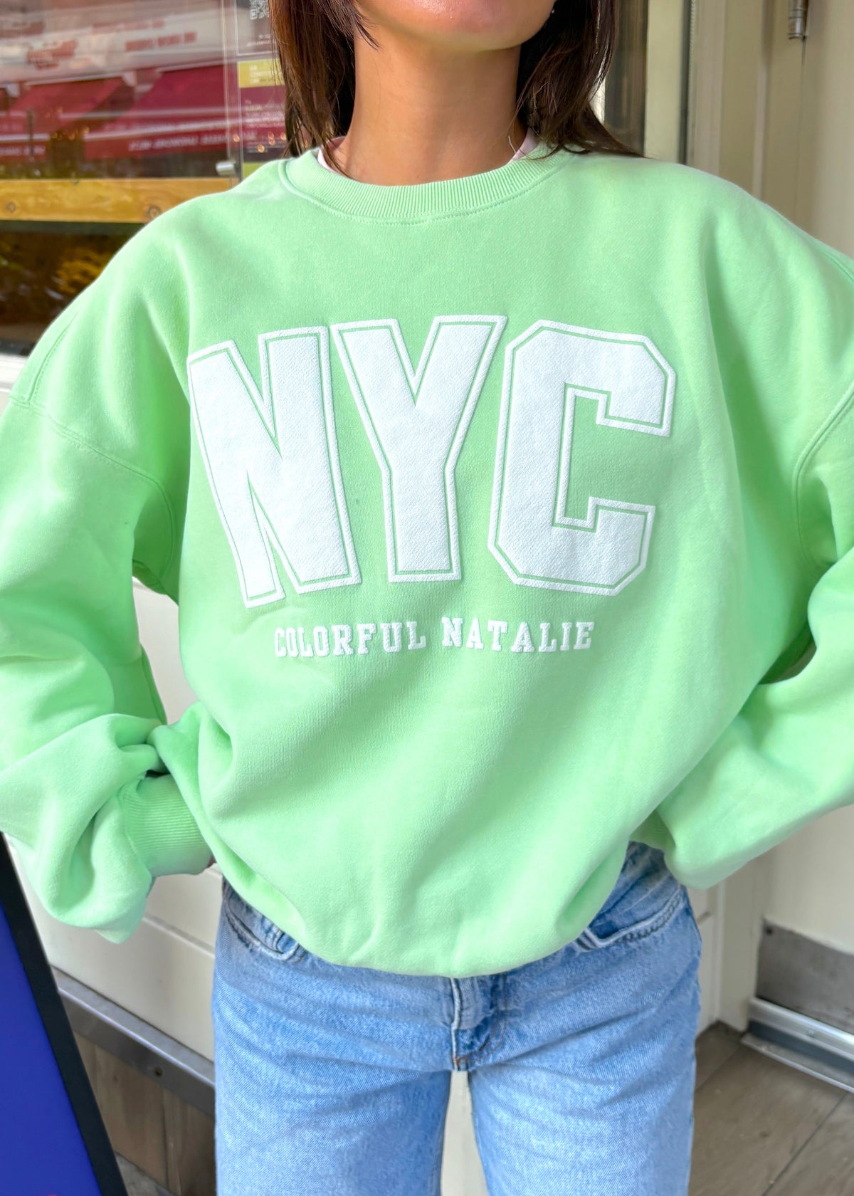 NYC Lime Puff Print Crewneck