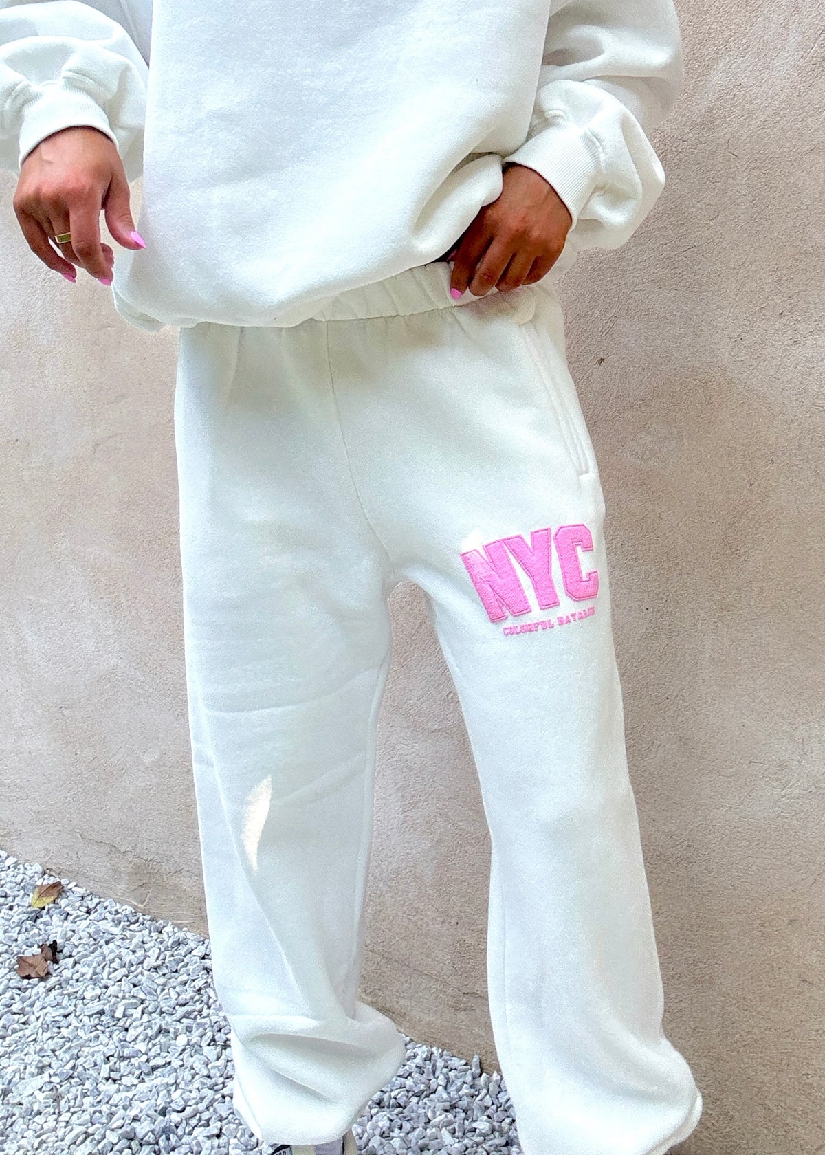 NYC White Puff Print Sweatpants