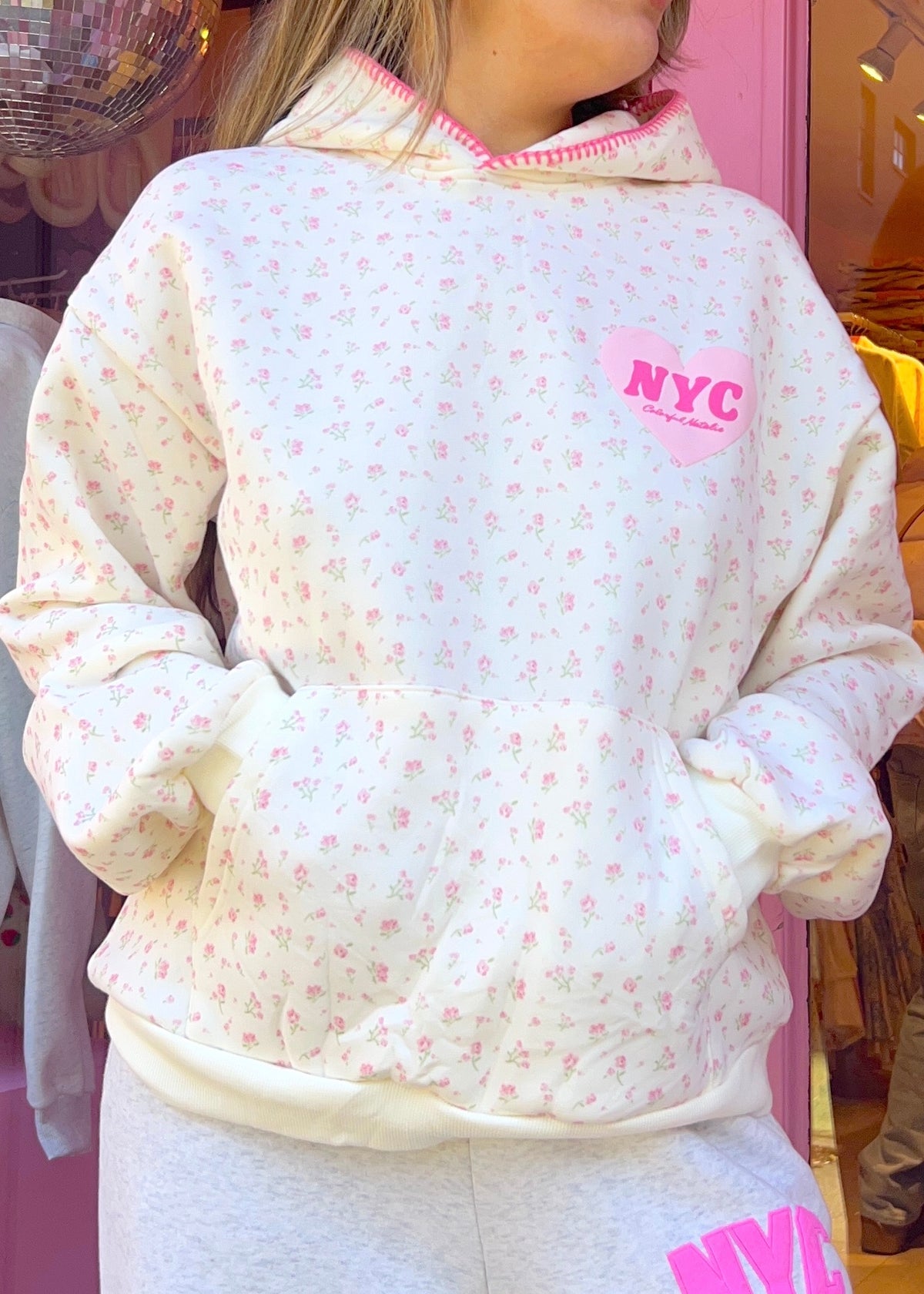 Pink Floral Heart Puff Hoodie