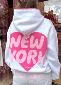 New York Heart White Stitched Puff Hoodie