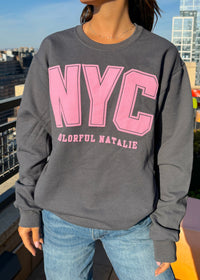 NYC Pink Puff Print Charcoal Crewneck