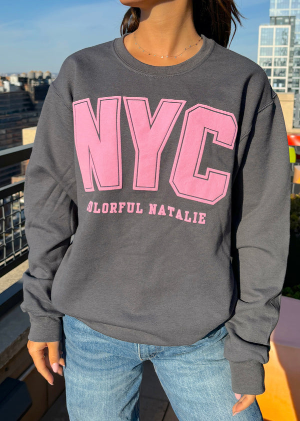 NYC Pink Puff Print Charcoal Crewneck