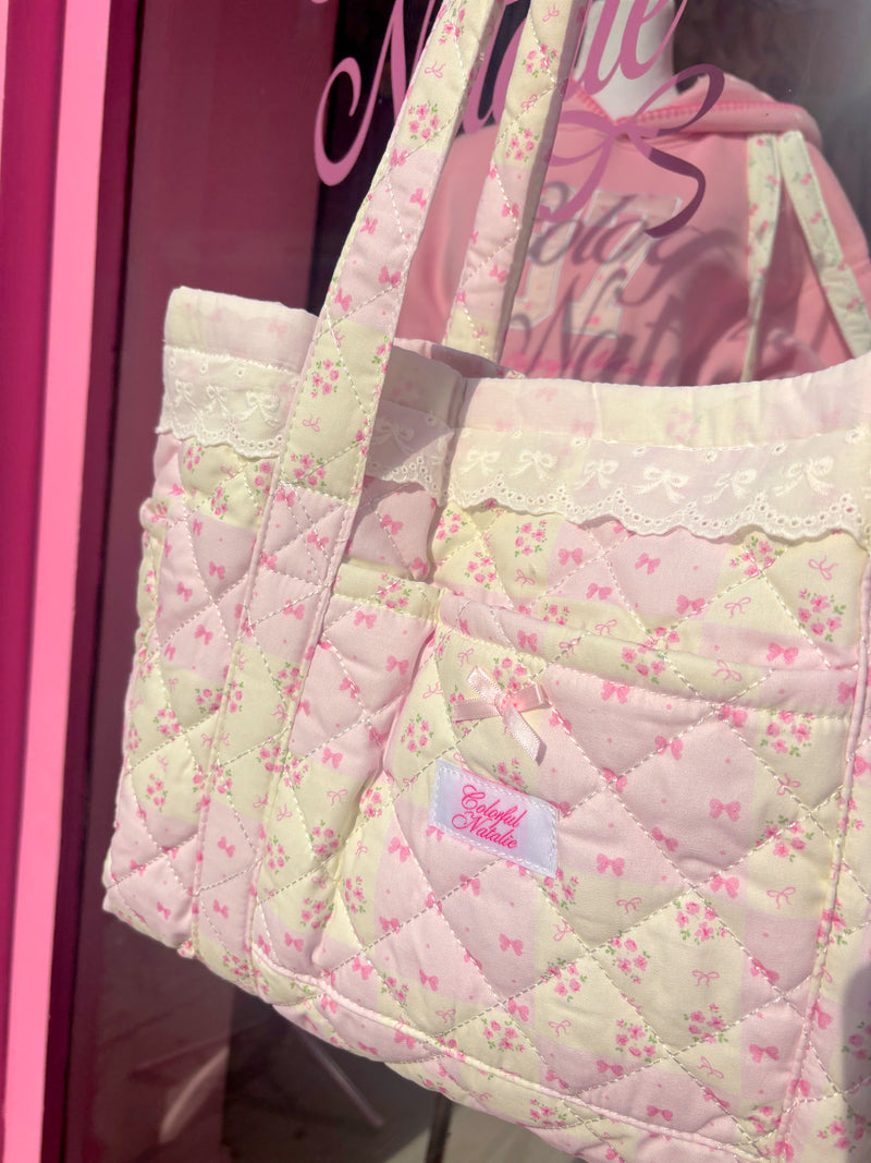 Pink Bows and Flowers Patchwork Tote