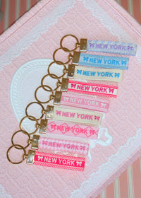New York Blue Text Embroidered Keychain